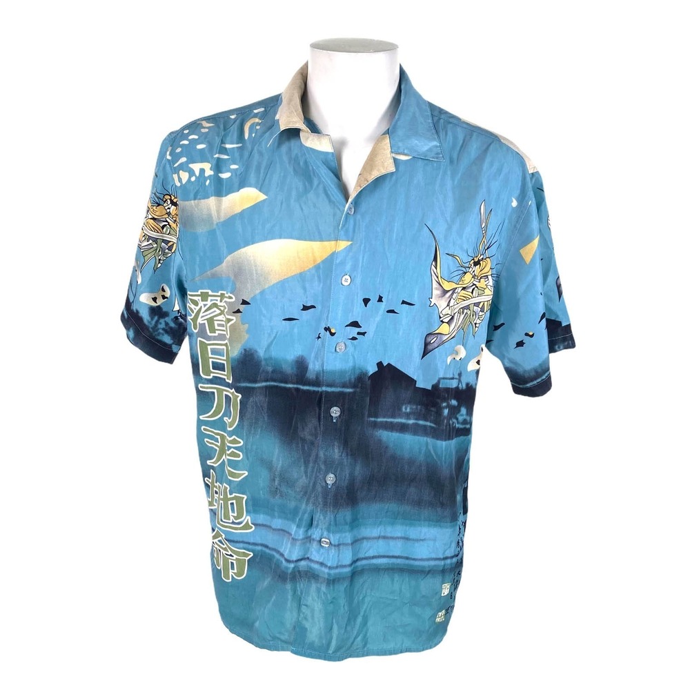 Suxxess Shirt Large Anime Warrior Polyester Blue Green Yellow Button Down